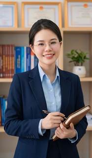A person in a suit holding a notebook and pen

Description automatically generated
