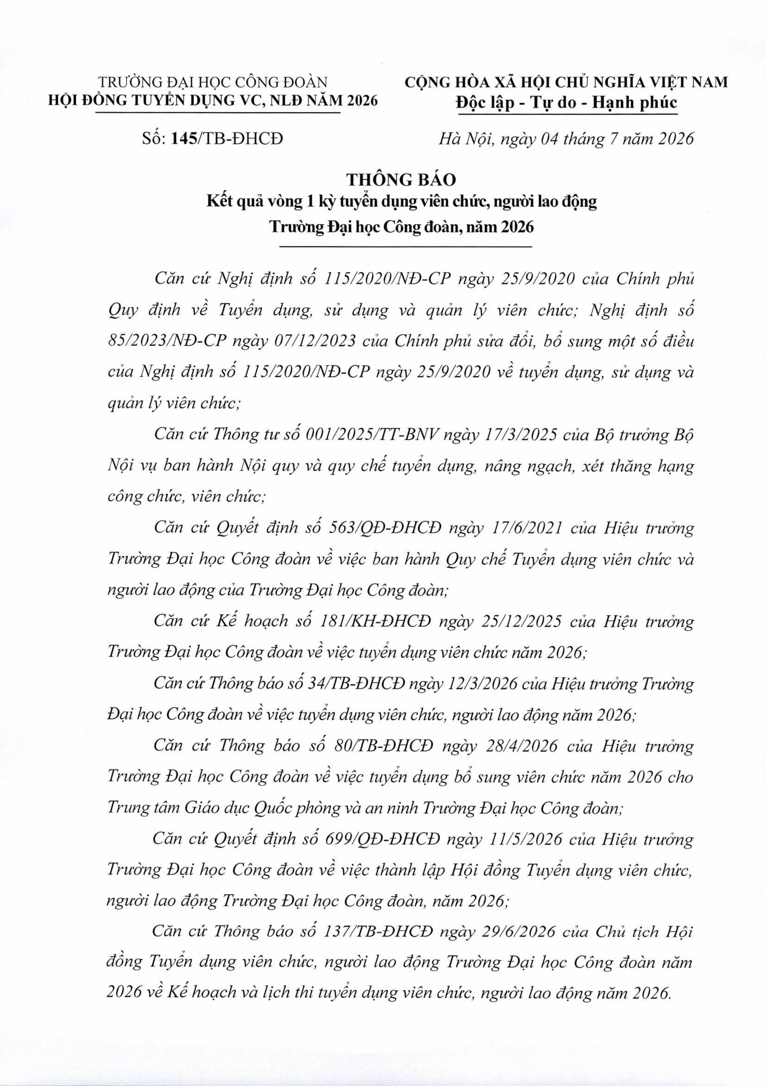 Thông báo kết quả vòng 1 Kỳ thi tuyển dụng viên chức, người lao động Trường Đại học Công đoàn, năm 2026